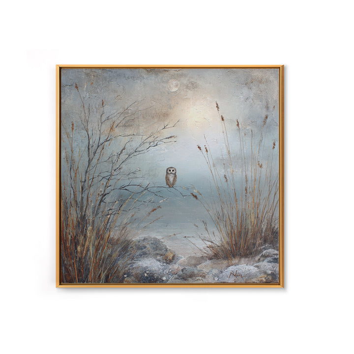 Owl in Moonlit Branches Framed Canvas Print, Nature Art, Living Room Wall Art, Living Room Decor, Nature, Neutral Decor, NAT-1x1-43