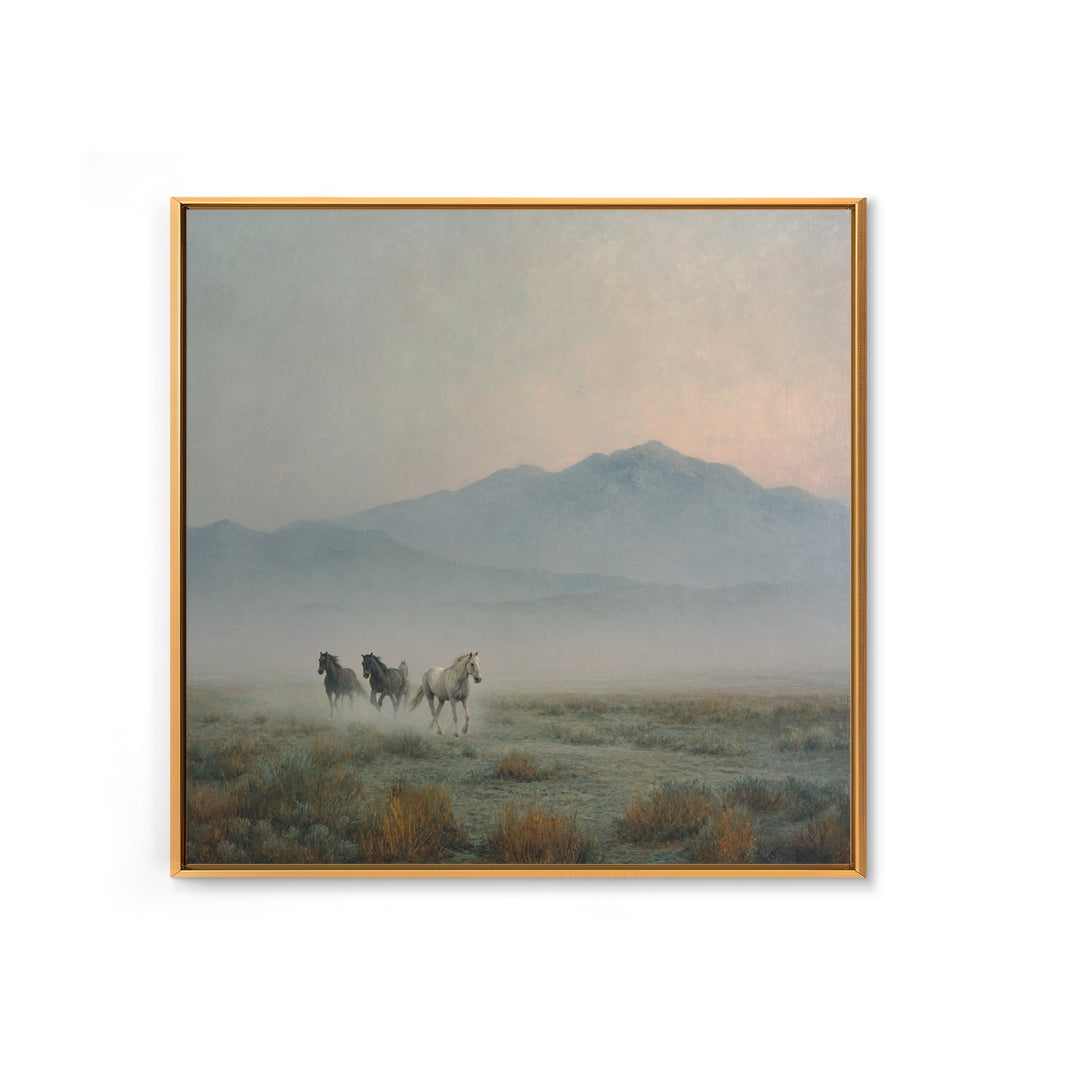 Wild Horses Running Near Mountain Ridge Framed Canvas Print, Nature Art, Landscape Art, Living Room Decor, Oil Painting, Nature, NAT-1x1-46