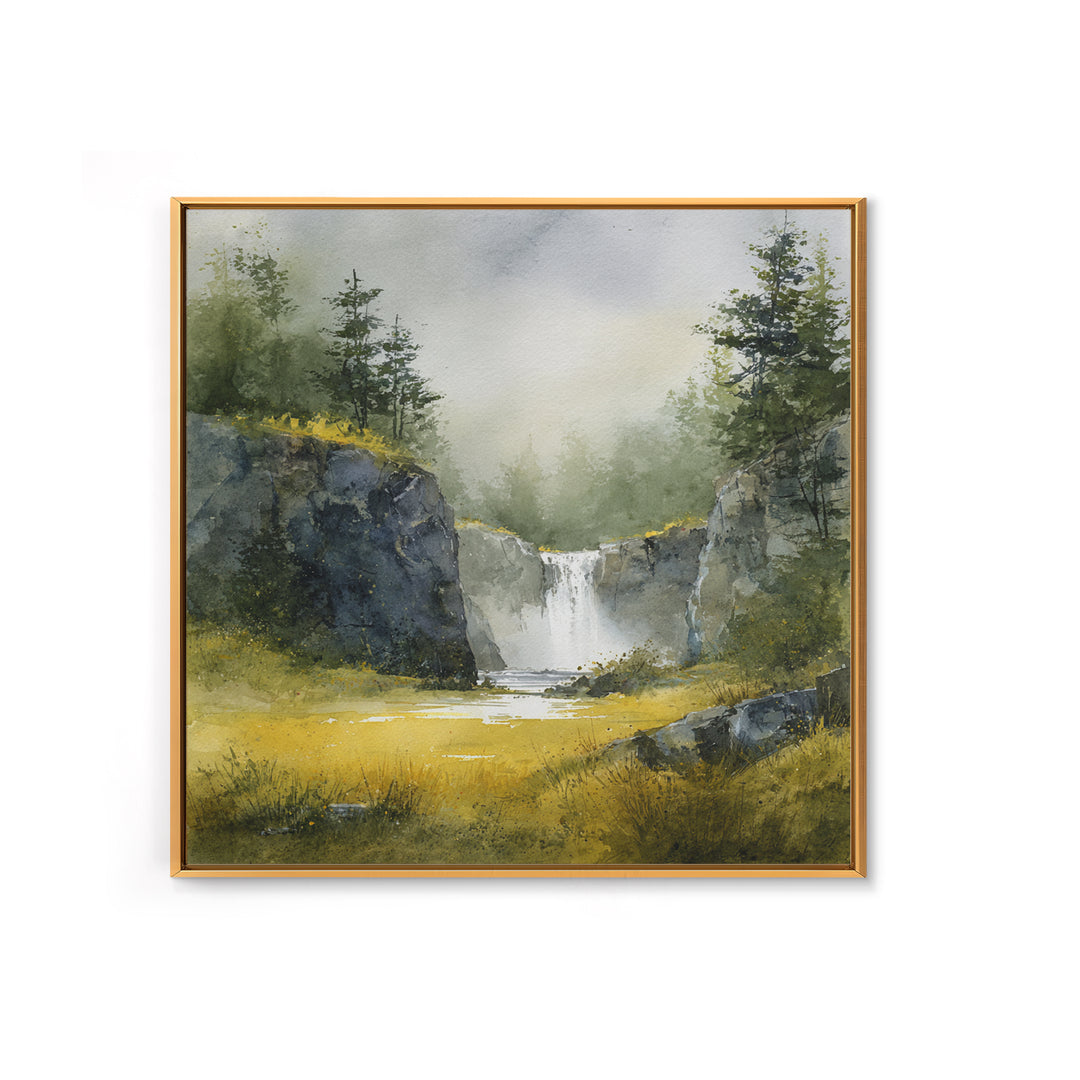 Waterfall Hidden Among Dark Green Rocks Framed Canvas Print, Nature Art, Bird Wall Art, Living Room Decor, Oil Painting, Nature, NAT-1x1-51