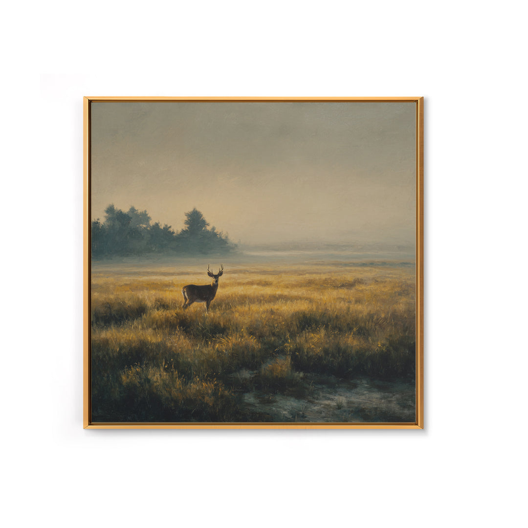 Deer Standing in a Golden Field Framed Canvas Print, Nature Art, Floral, Living Room Decor, Fine Art, Nature, Moss Art, NAT-1x1-56