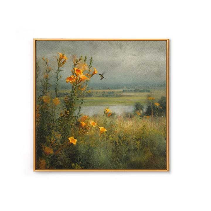 Hummingbird Beside Bright Trumpet Flowers Canvas Print, Nature Art, Stained Glass Art, Living Room Decor, Fine Art, Nature, NAT-1x1-60