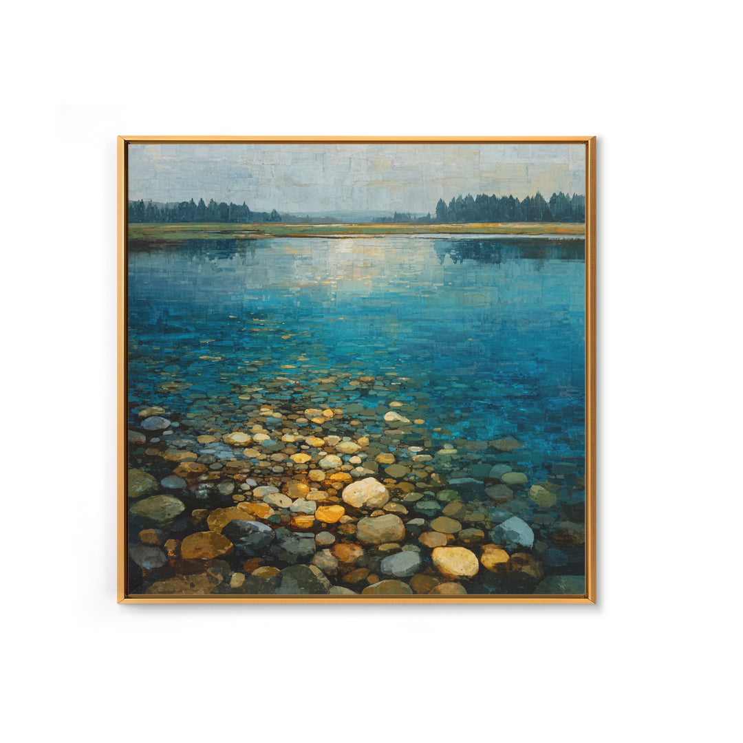 River Stones under Clear Shallow Water Framed Canvas Print, Nature Art, Mountain Art, Living Room Decor, Oil Painting, Nature, NAT-1x1-61