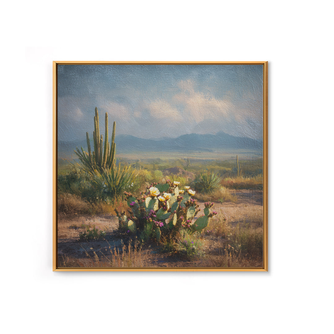Desert Cactus Blooming After Rain Framed Canvas Print, Nature Art, Moss Art, Living Room Decor, Oil Painting, Nature, NAT-1x1-68