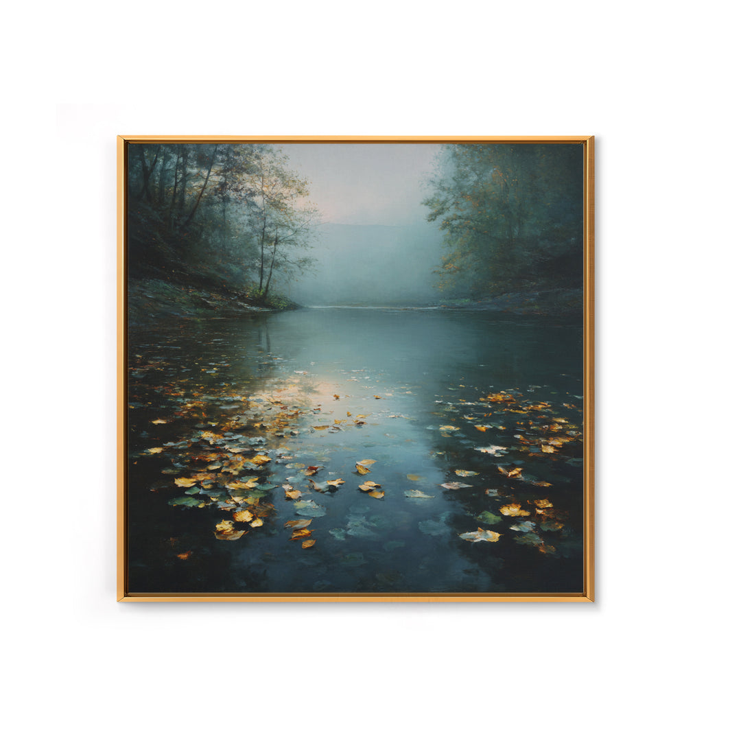 Autumn Leaves Floating on Quiet Stream Framed Canvas Print, Nature Art, Gallery Decor, Living Room Decor, Fine Art, Nature, NAT-1x1-78