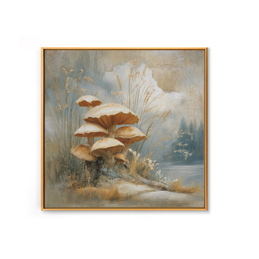 Mushroom Cluster in Enchanted Woodland Framed Canvas Print, Nature Art, Fine Art Print, Living Room Decor, Oil Painting, Nature, NAT-1x1-79