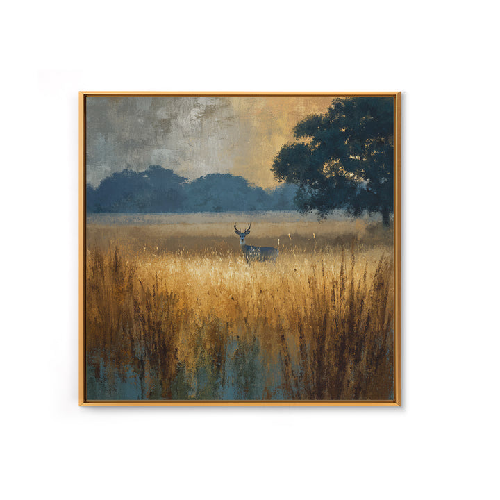 Deer Standing in a Golden Field Framed Canvas Print, Nature Art, Wall Hangings, Living Room Decor, Nature, Stained Glass Art, NAT-1x1-8