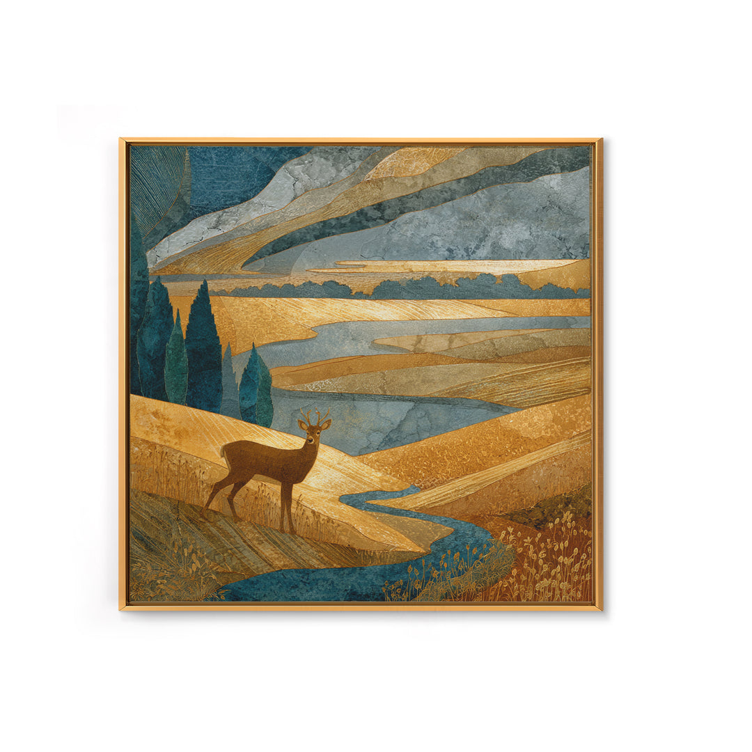 Deer Standing in a Golden Field Framed Canvas Print, Nature Art, Modern Decor, Living Room Decor, Fine Art, Nature, Home Decor, NAT-1x1-80