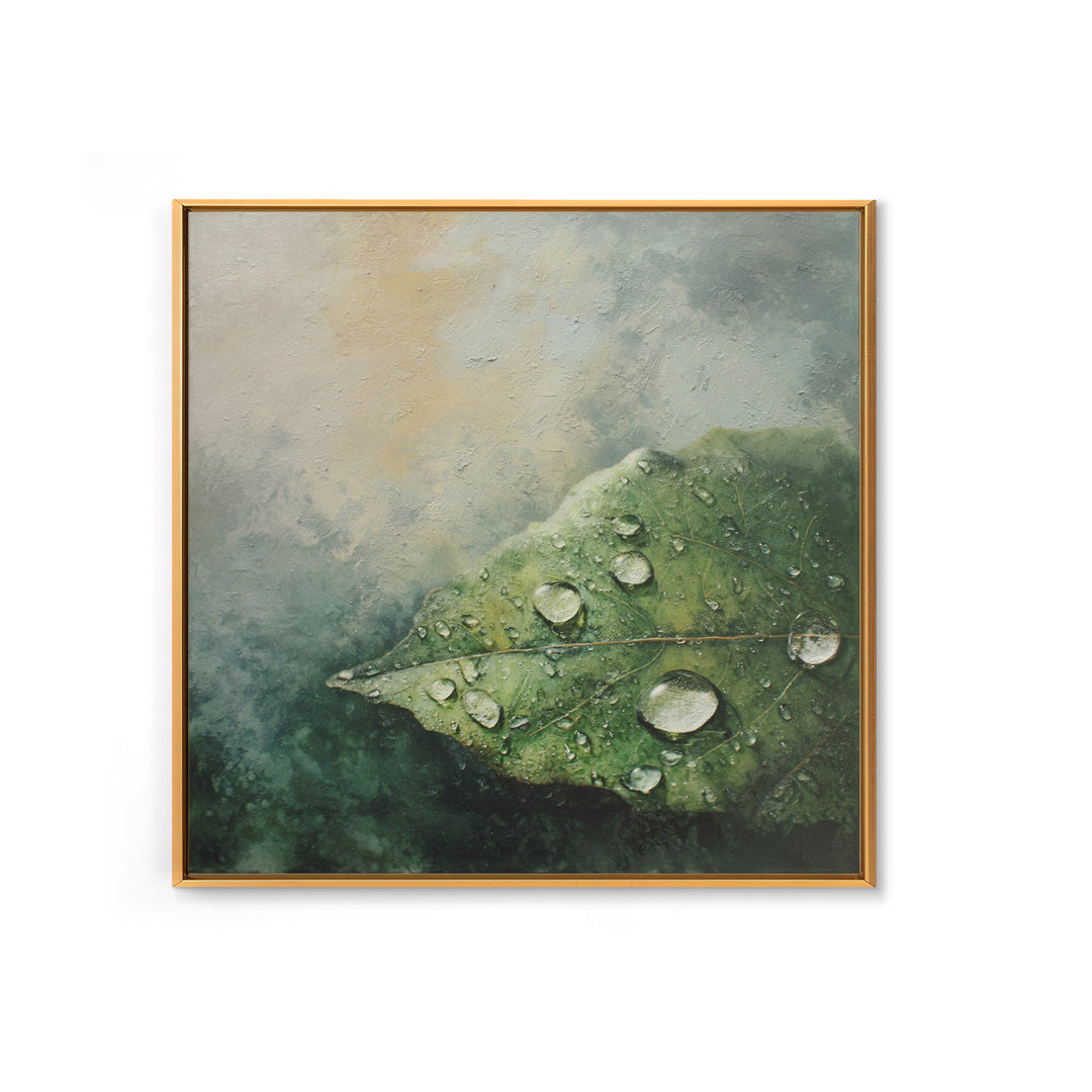 Rain Drops on a Large Green Leaf Canvas Print, Nature Art, Textured Painting, Living Room Decor, Oil Painting, Nature, NAT-1x1-81
