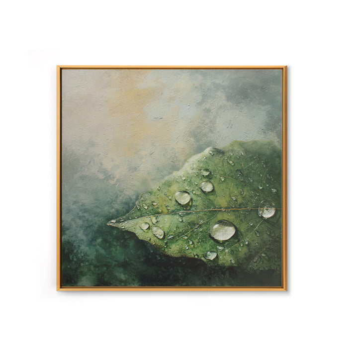 Rain Drops on a Large Green Leaf Canvas Print, Nature Art, Textured Painting, Living Room Decor, Oil Painting, Nature, NAT-1x1-81