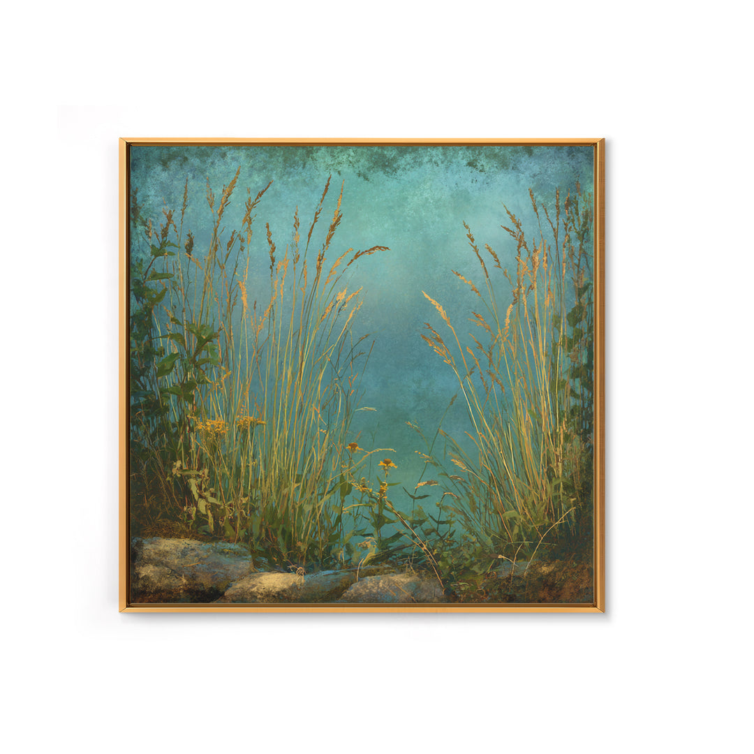 Sunrise Through Tall Grass and Wildflowers Framed Canvas Print, Nature Art, Statement Artwork, Living Room Decor, Oil Painting, NAT-1x1-83