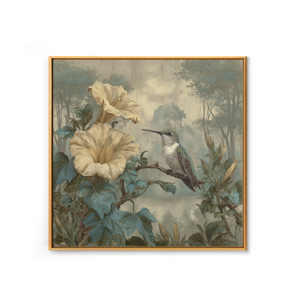 Hummingbird Beside Bright Trumpet Flowers Framed Canvas Print, Nature Art, Ocean Art, Living Room Decor, Fine Art, Nature, NAT-1x1-84