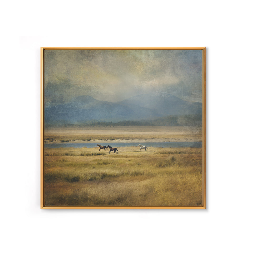 Wild Horses Running Near Mountain Ridge Canvas Print, Nature Art, Landscape Print, Living Room Decor, Fine Art, Nature, NAT-1x1-94