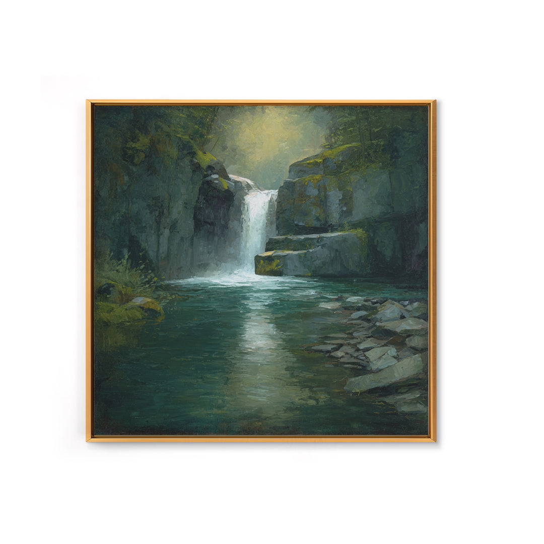 Waterfall Hidden Among Dark Green Rocks Canvas Print, Nature Art, Wall Art, Living Room Decor, Fine Art, Nature, Wood Wall Art, NAT-1x1-99