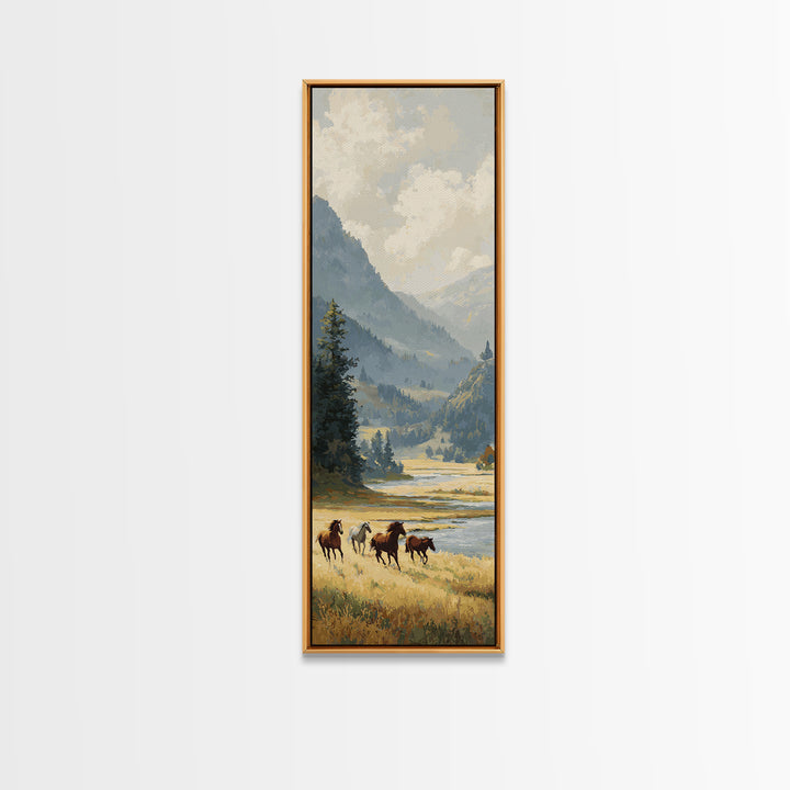 Wild Horses Running Near Mountain Ridge Canvas Print, Nature Art, Living Room Wall Art, Living Room Decor, Fine Art, Nature, NAT-1x3-10