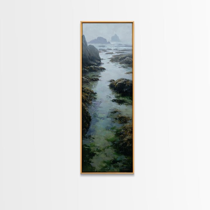 Calm Beach Tide Pooling Around Rocks Canvas Print, Nature Art, Boho Decor, Living Room Decor, Oil Painting, Nature, Wall Decor, NAT-1x3-12