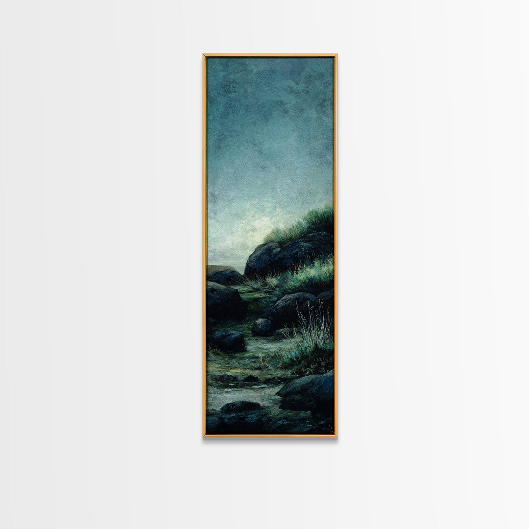 Waterfall Hidden Among Dark Green Rocks Framed Canvas Print, Nature Art, Home Decor, Living Room Decor, Abstract Art, Nature, NAT-1x3-15
