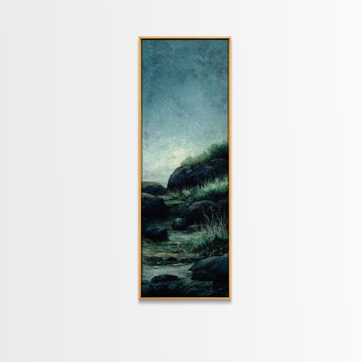 Waterfall Hidden Among Dark Green Rocks Framed Canvas Print, Nature Art, Home Decor, Living Room Decor, Abstract Art, Nature, NAT-1x3-15