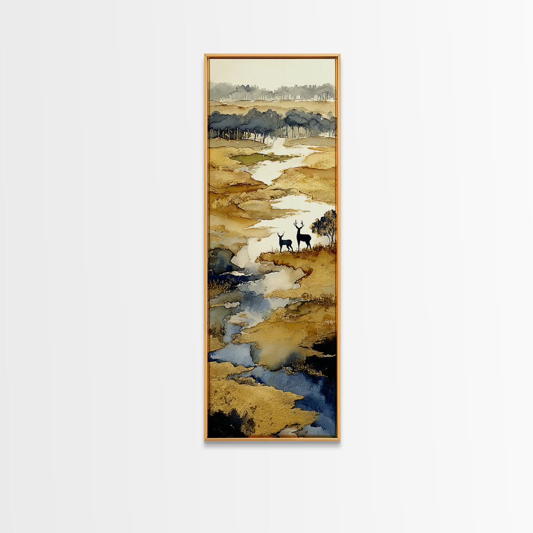 Deer Standing in a Golden Field Framed Canvas Print, Nature Art, Luxury Decor, Living Room Decor, Fine Art, Nature, Mushroom, NAT-1x3-20