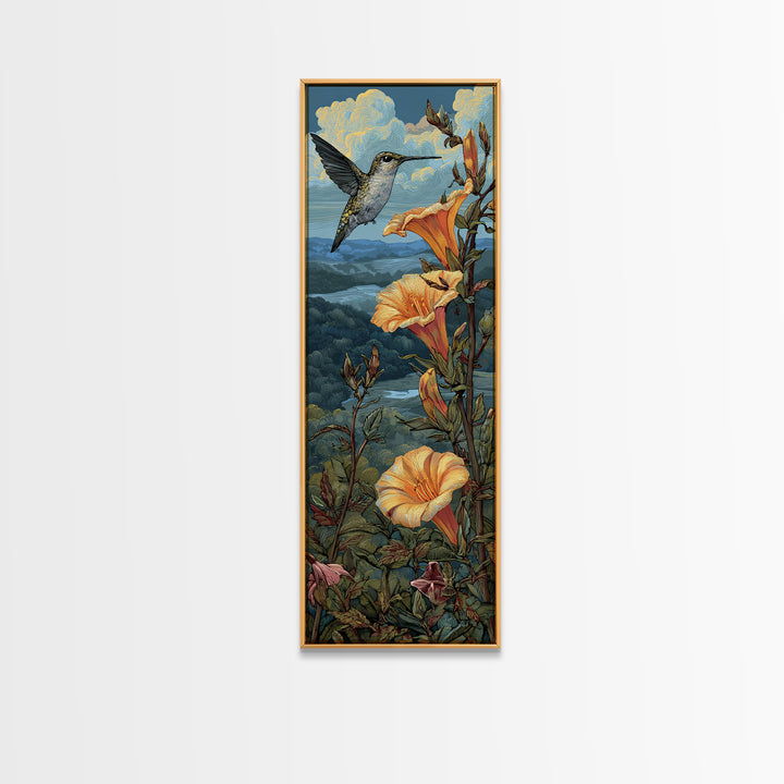 Hummingbird Beside Bright Trumpet Flowers Framed Canvas Print, Nature Art, Art Print, Living Room Decor, Oil Painting, Nature, NAT-1x3-24