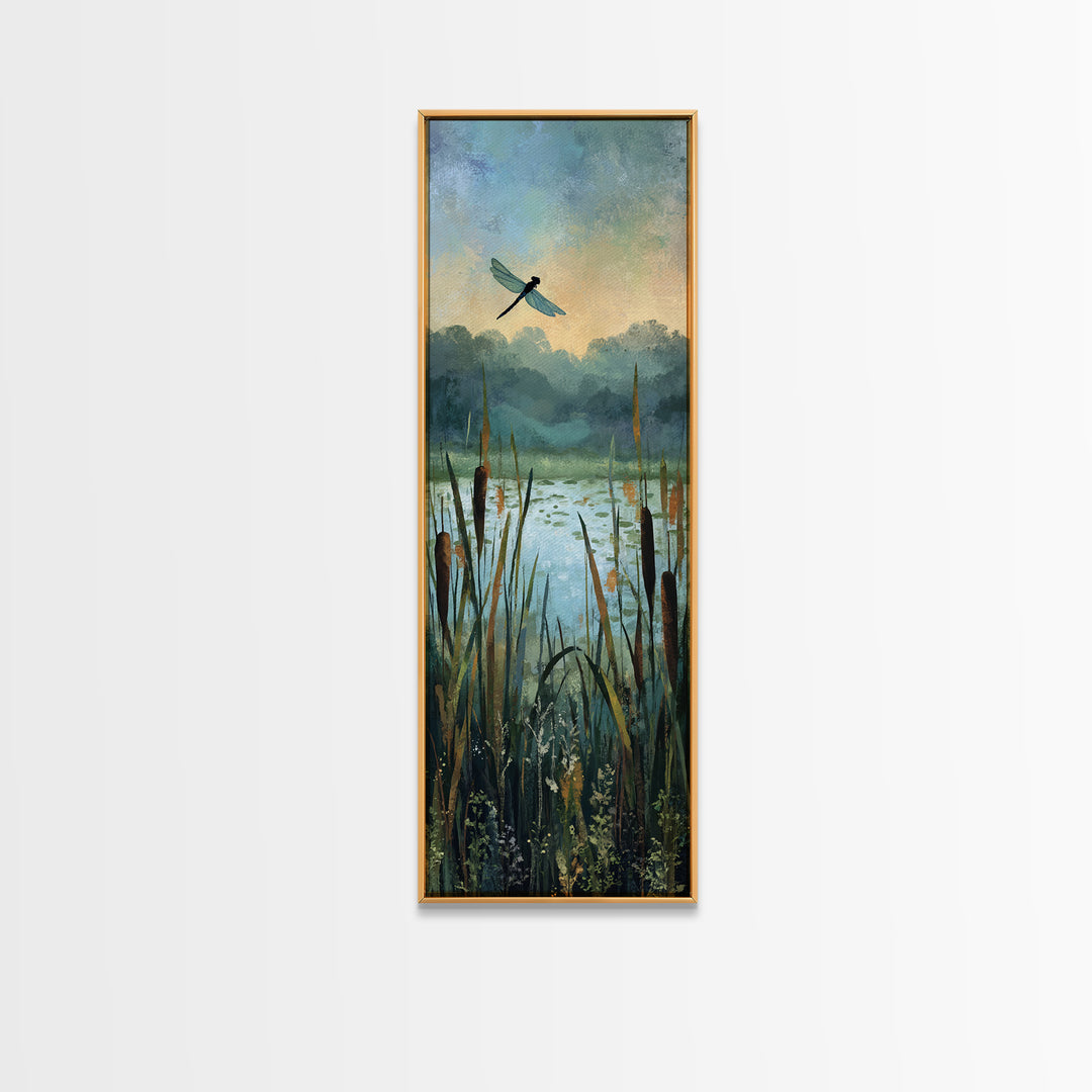 Dragonfly over a Pond with Reeds Framed Canvas Print, Nature Art, Botanical Art, Living Room Decor, Oil Painting, Nature, NAT-1x3-30