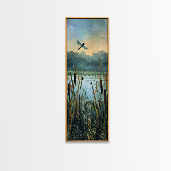 Dragonfly over a Pond with Reeds Framed Canvas Print, Nature Art, Botanical Art, Living Room Decor, Oil Painting, Nature, NAT-1x3-30