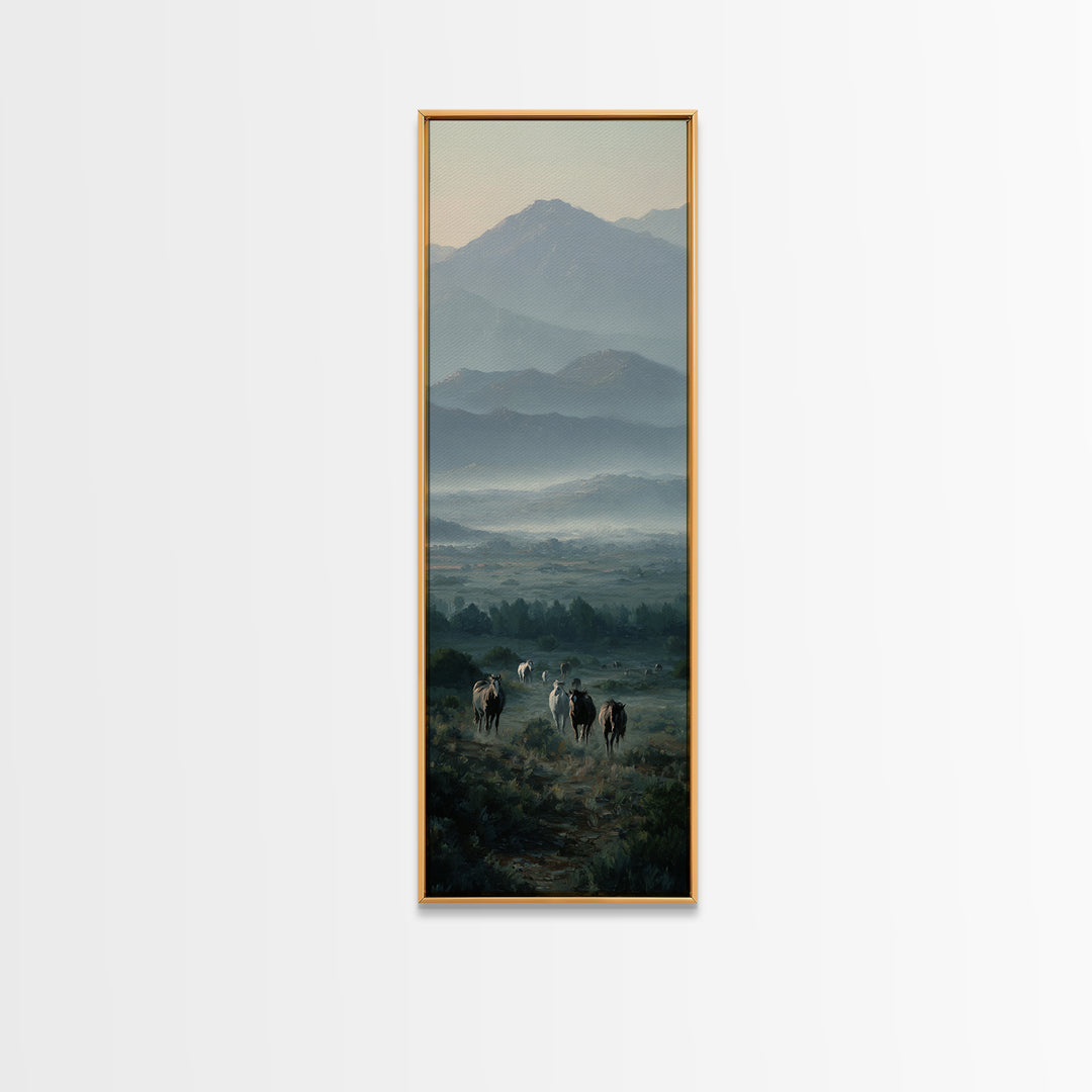 Wild Horses Running Near Mountain Ridge Framed Canvas Print, Nature Art, Digital Download Art, Living Room Decor, NAT-1x3-34