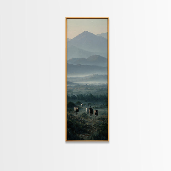 Wild Horses Running Near Mountain Ridge Framed Canvas Print, Nature Art, Digital Download Art, Living Room Decor, NAT-1x3-34