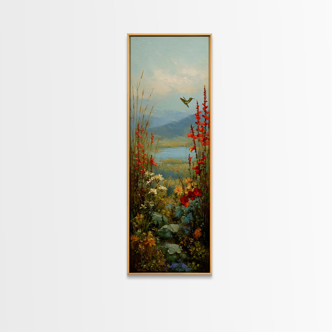 Hummingbird Beside Bright Trumpet Flowers Canvas Print, Nature Art, Wall Art, Living Room Decor, Watercolor Art, Nature, NAT-1x3-48