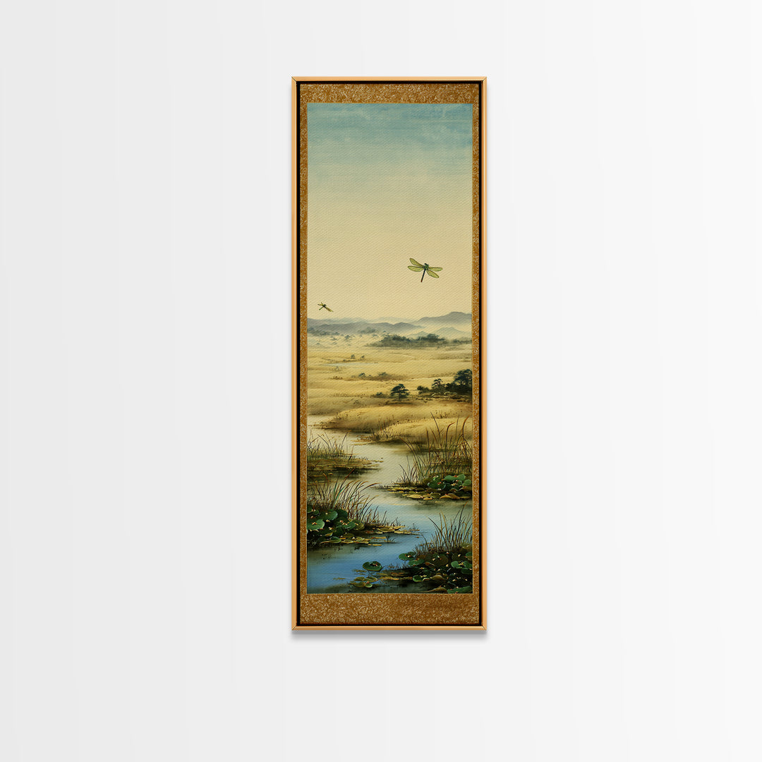 Dragonfly over a Pond with Reeds Framed Canvas Print, Nature Art, Botanical Art, Living Room Decor, Oil Painting, Nature, NAT-1x3-54