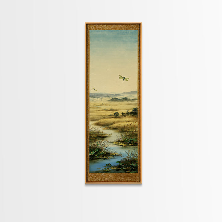 Dragonfly over a Pond with Reeds Framed Canvas Print, Nature Art, Botanical Art, Living Room Decor, Oil Painting, Nature, NAT-1x3-54