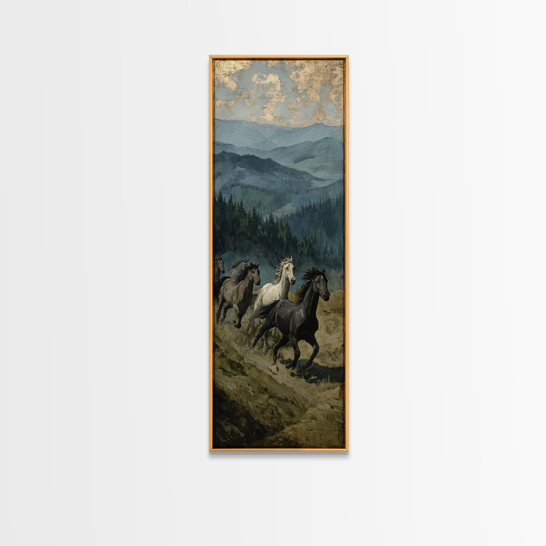 Wild Horses Running Near Mountain Ridge Framed Canvas Print, Nature Art, Digital Download Art, Living Room Decor, NAT-1x3-58