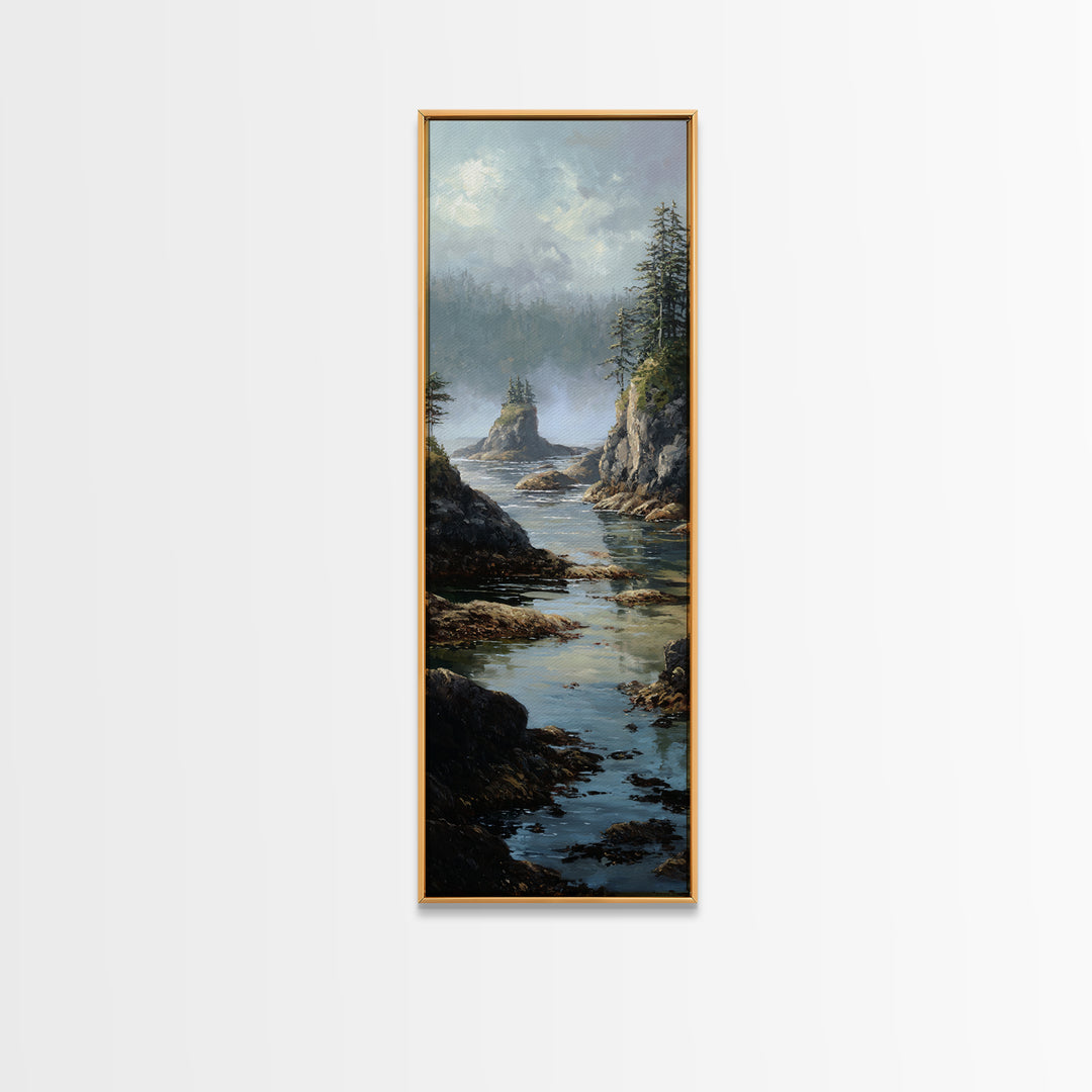 Calm Beach Tide Pooling Around Rocks Framed Canvas Print, Nature Art, Original Painting, Living Room Decor, Fine Art, Nature, NAT-1x3-84