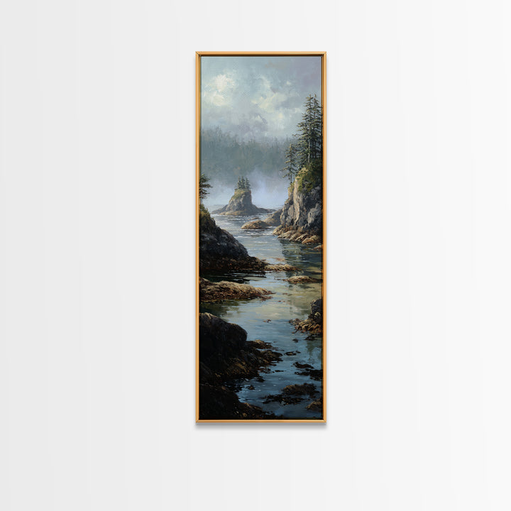 Calm Beach Tide Pooling Around Rocks Framed Canvas Print, Nature Art, Original Painting, Living Room Decor, Fine Art, Nature, NAT-1x3-84