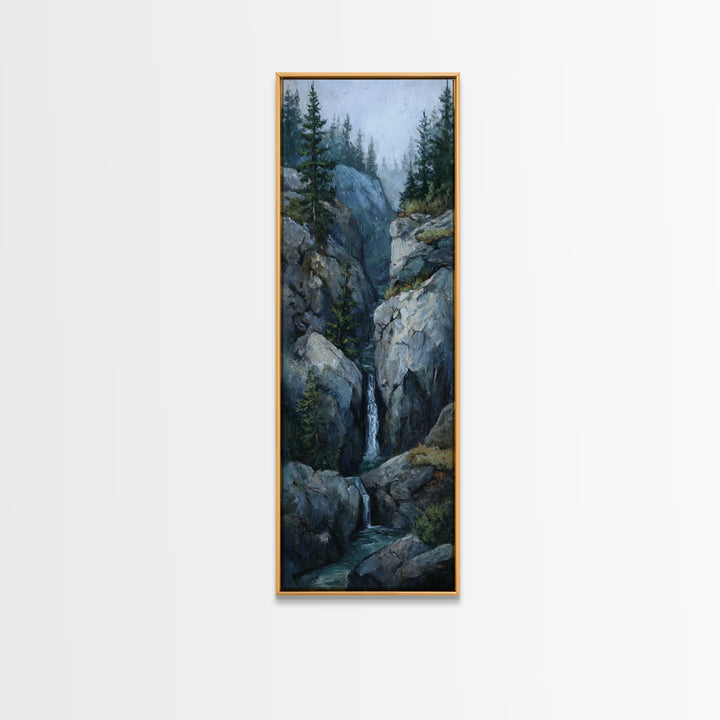 Waterfall Hidden Among Dark Green Rocks Framed Canvas Print, Nature Art, Botanical Art, Living Room Decor, Fine Art, Nature, NAT-1x3-87