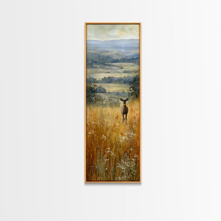 Deer Standing in a Golden Field Framed Canvas Print, Nature Art, Watercolor Painting, Living Room Decor, Fine Art, Nature, NAT-1x3-92