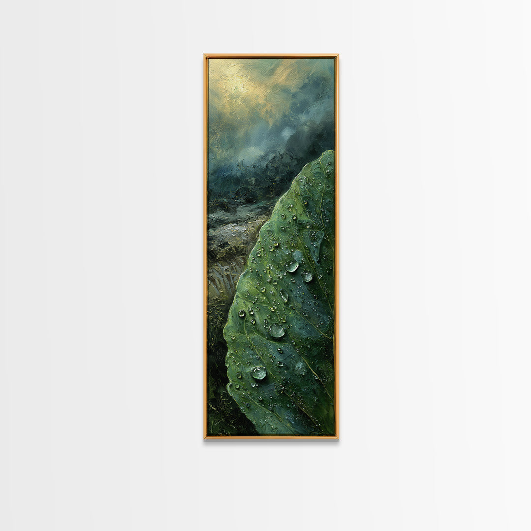 Rain Drops on a Large Green Leaf Canvas Print, Nature Art, Minimalist Decor, Living Room Decor, Fine Art, Nature, Artwork, NAT-1x3-93