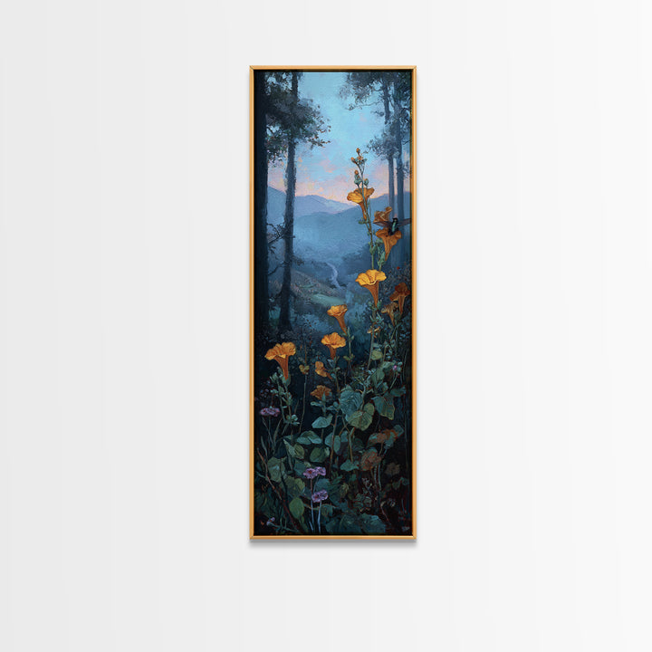 Hummingbird Beside Bright Trumpet Flowers Framed Canvas Print, Nature Art, Modern Wall Art, Living Room Decor, Fine Art, Nature, NAT-1x3-96