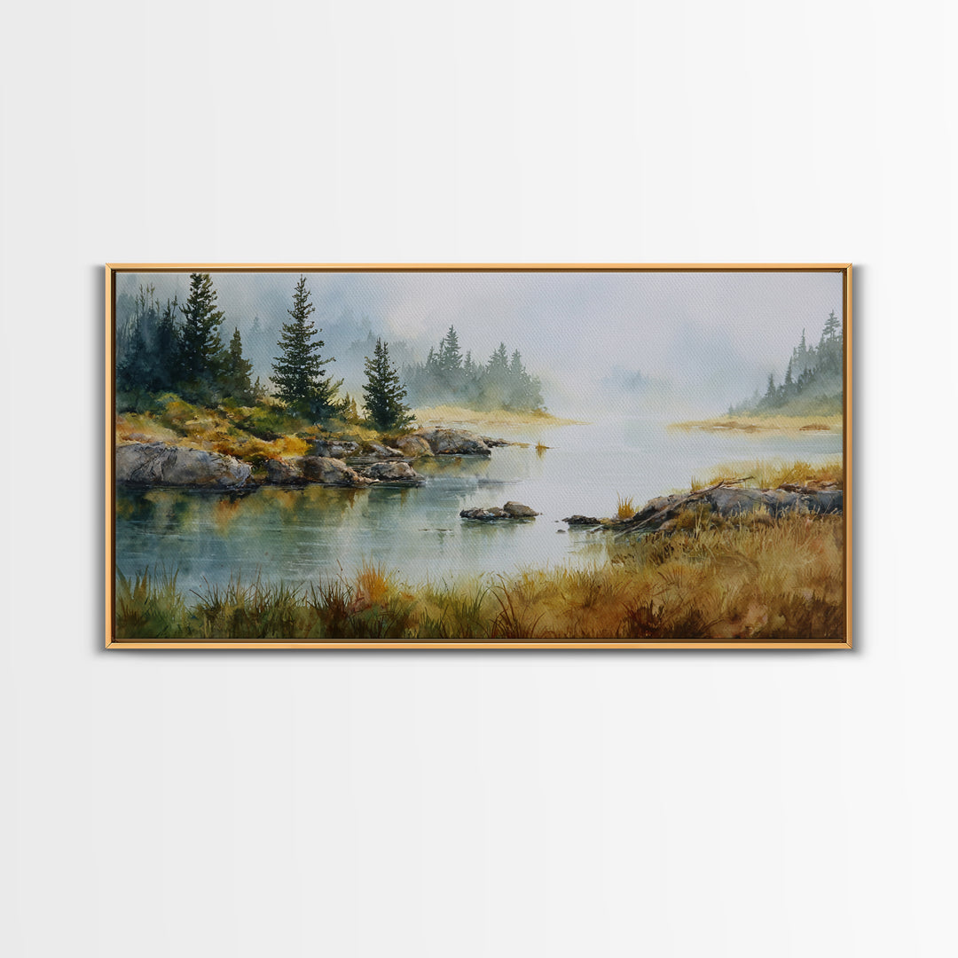 Misty Mountain Lake Framed Canvas Print, Nature Art, Home Decor, Living Room Decor, Oil Painting, Nature, Abstract Wall Art, NAT-2x1-1