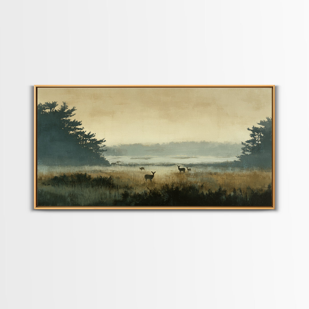 Deer Standing in a Golden Field Framed Canvas Print, Nature Art, Mountain Wall Art, Living Room Decor, Fine Art, Nature, NAT-2x1-100