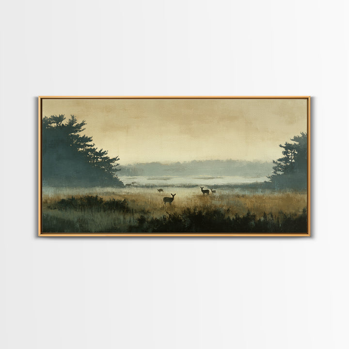 Deer Standing in a Golden Field Framed Canvas Print, Nature Art, Mountain Wall Art, Living Room Decor, Fine Art, Nature, NAT-2x1-100