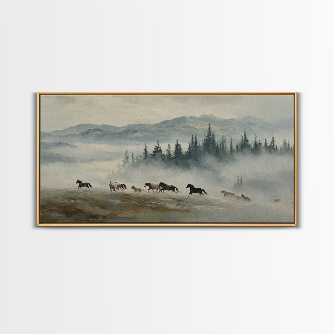 Wild Horses Running Near Mountain Ridge Framed Canvas Print, Nature Art, Statement Artwork, Living Room Decor, Fine Art, Nature, NAT-2x1-18