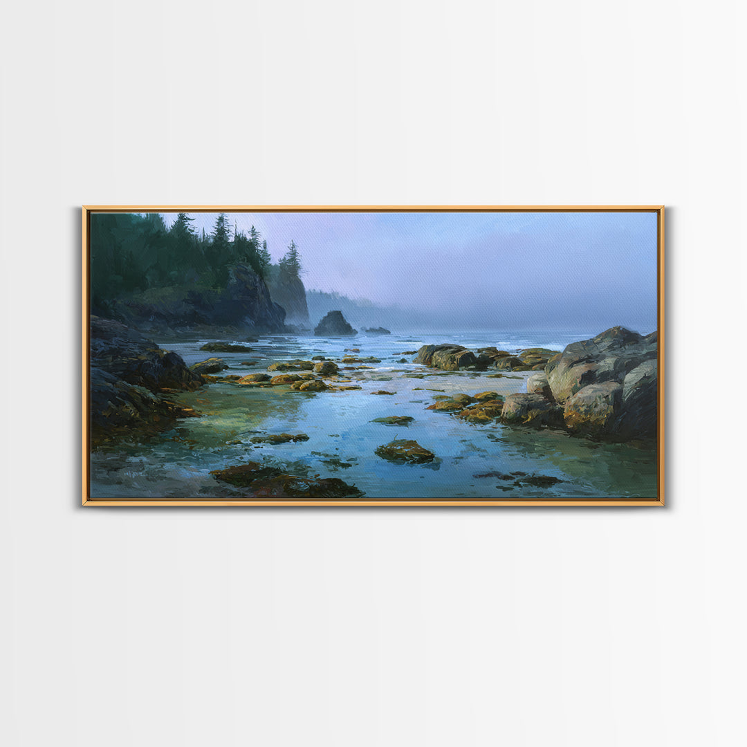 Calm Beach Tide Pooling Around Rocks Framed Canvas Print, Nature Art, Statement Artwork, Living Room Decor, Fine Art, Nature, NAT-2x1-20