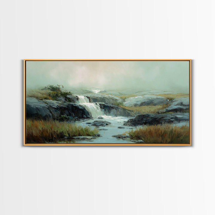 Waterfall Hidden Among Dark Green Rocks Framed Canvas Print, Nature Art, Mushroom, Living Room Decor, Watercolor Art, Nature, NAT-2x1-23