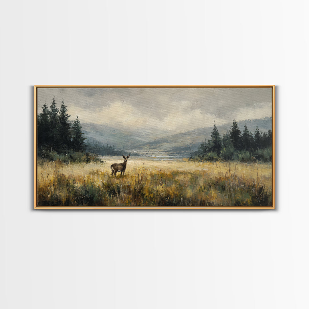 Deer Standing in a Golden Field Framed Canvas Print, Nature Art, Minimalist Decor, Living Room Decor, Fine Art, Nature, NAT-2x1-28