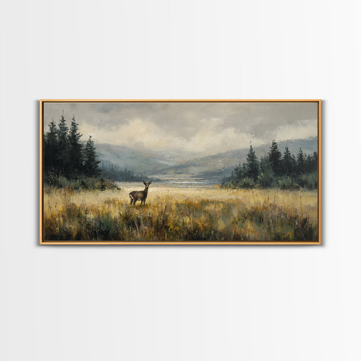 Deer Standing in a Golden Field Framed Canvas Print, Nature Art, Minimalist Decor, Living Room Decor, Fine Art, Nature, NAT-2x1-28