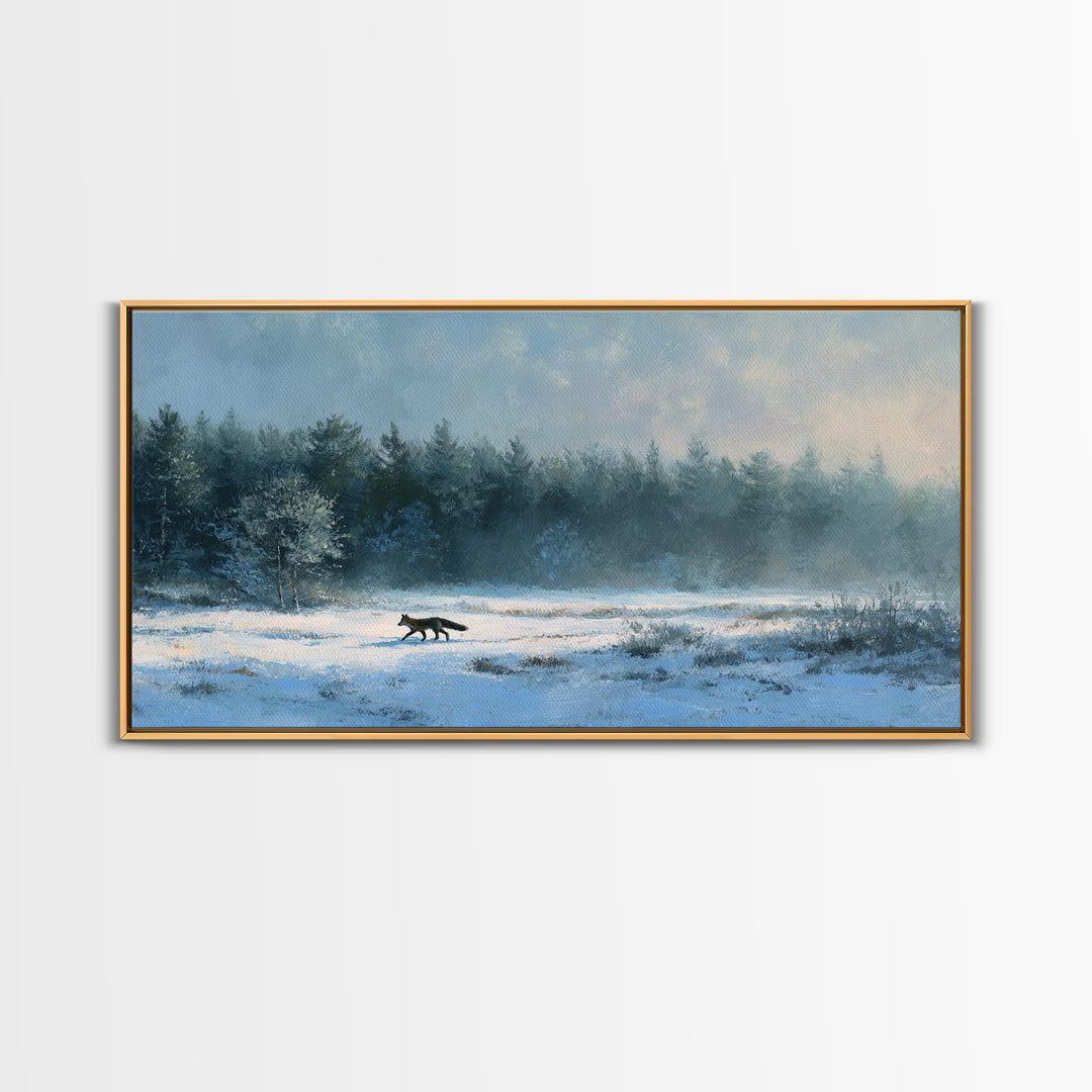 Fox Crossing a Snowy Forest Clearing Framed Canvas Print, Nature Art, Luxury Decor, Living Room Decor, Oil Painting, Nature, NAT-2x1-30