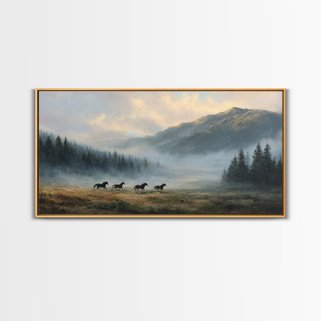 Wild Horses Running Near Mountain Ridge Framed Canvas Print, Nature Art, Statement Artwork, Living Room Decor, Fine Art, Nature, NAT-2x1-42