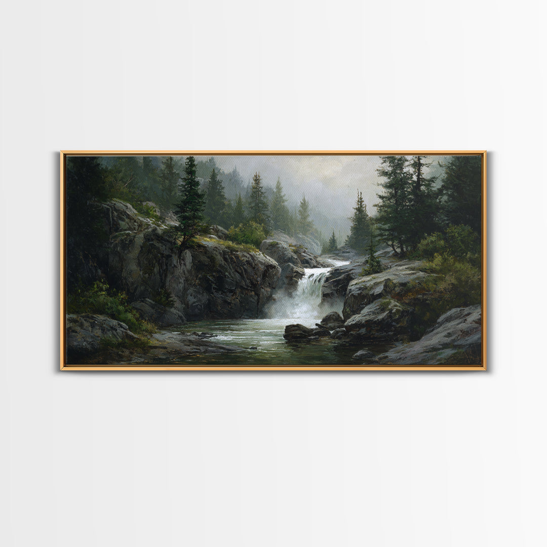 Waterfall Hidden Among Dark Green Rocks Canvas Print, Nature Art, Framed Art, Living Room Decor, Oil Painting, Nature, NAT-2x1-47