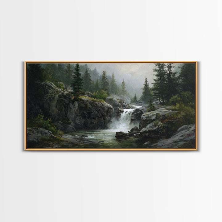 Waterfall Hidden Among Dark Green Rocks Canvas Print, Nature Art, Framed Art, Living Room Decor, Oil Painting, Nature, NAT-2x1-47