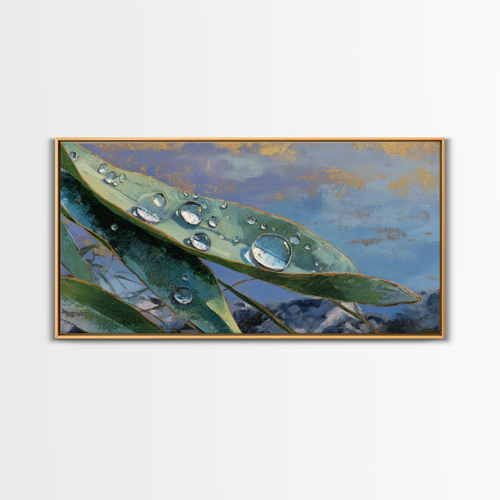 Rain Drops on a Large Green Leaf Framed Canvas Print, Nature Art, Living Room Decor, Watercolor Art, Nature, Abstract Wall Art, NAT-2x1-5